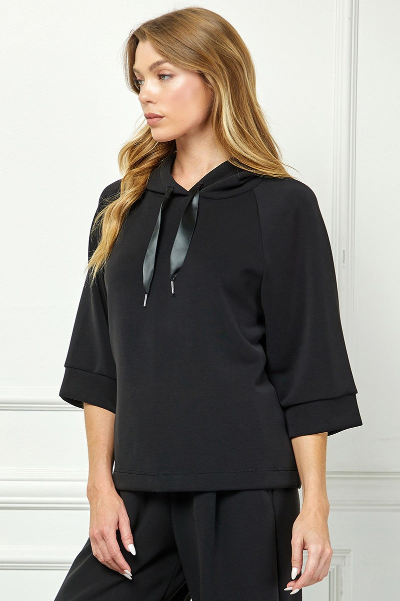 Soft Hooded Top With Satin Tie Detail - Black