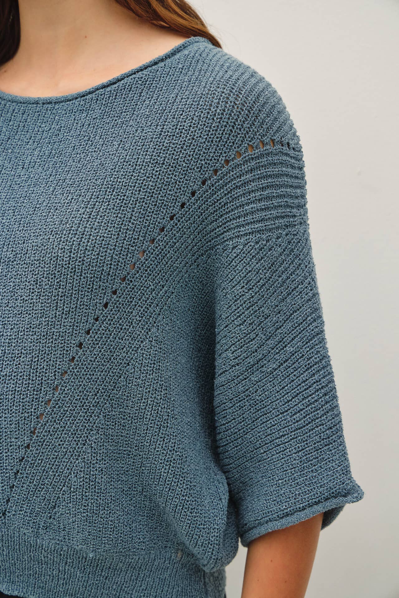 POINTELLE DOLMAN SLEEVE SWEATER: TEAL