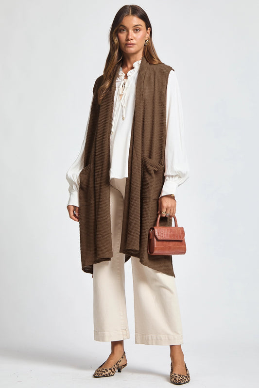 Sleeveless Crochet Midi Vest Cardigan - Mocha