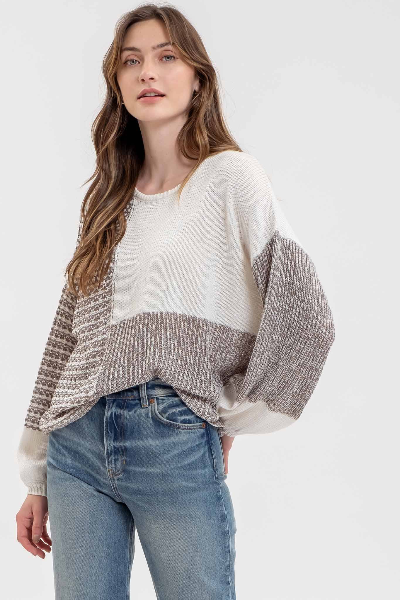 Back Tie Colorblock Knit Sweater - Grey Multi