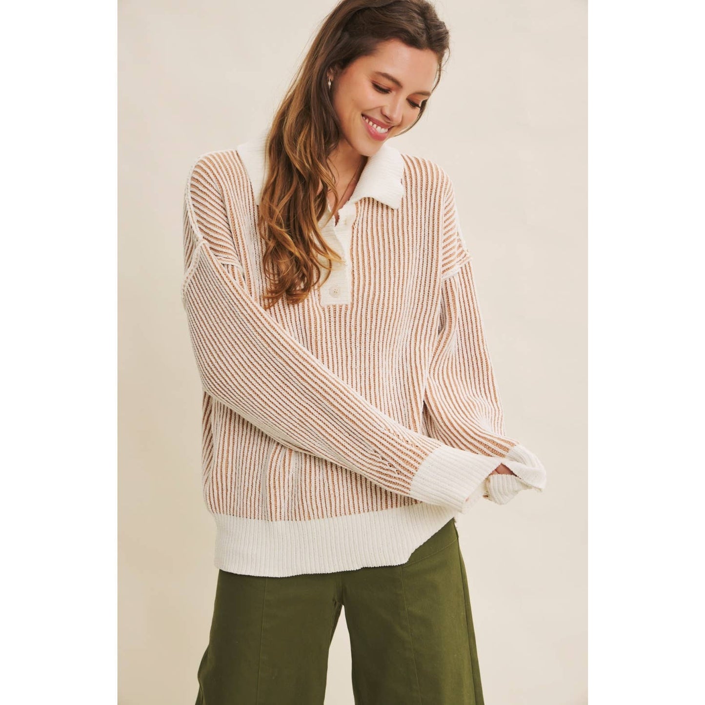 Two-Tone Textured Stripe Henley Sweater - Camel