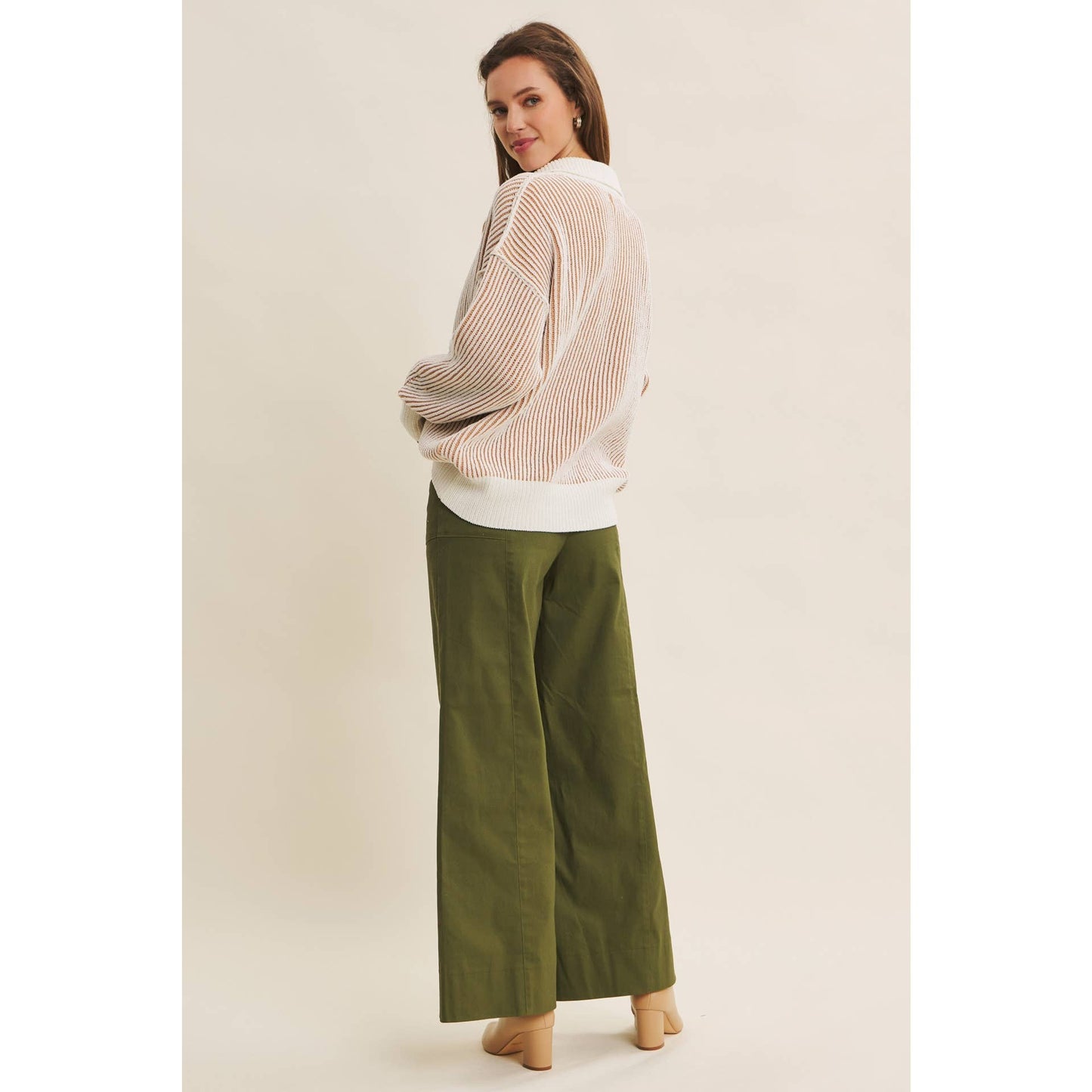 Two-Tone Textured Stripe Henley Sweater - Camel