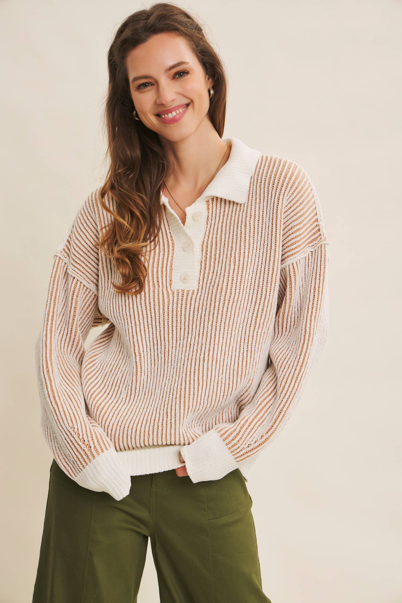 Two-Tone Textured Stripe Henley Sweater - Camel