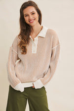 Two-Tone Textured Stripe Henley Sweater - Camel
