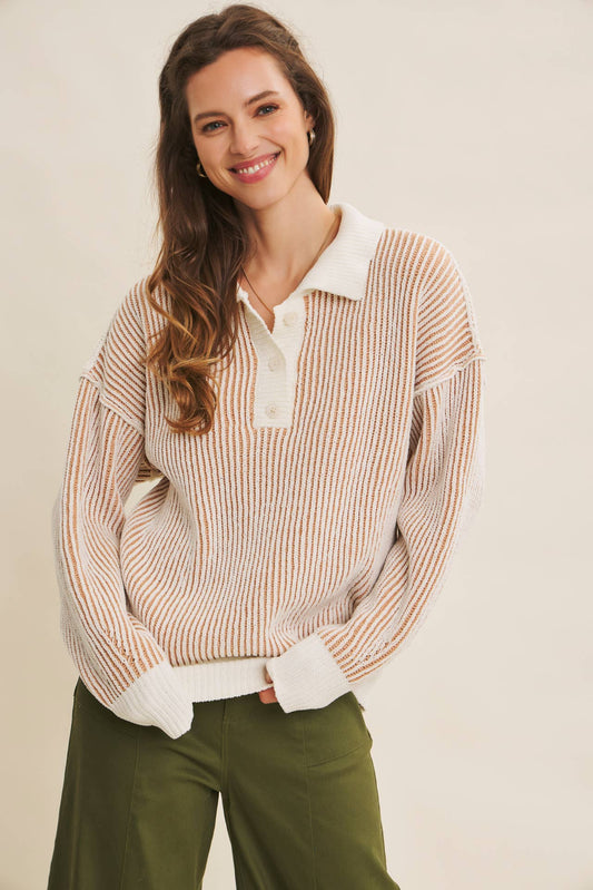 Two-Tone Textured Stripe Henley Sweater - Camel