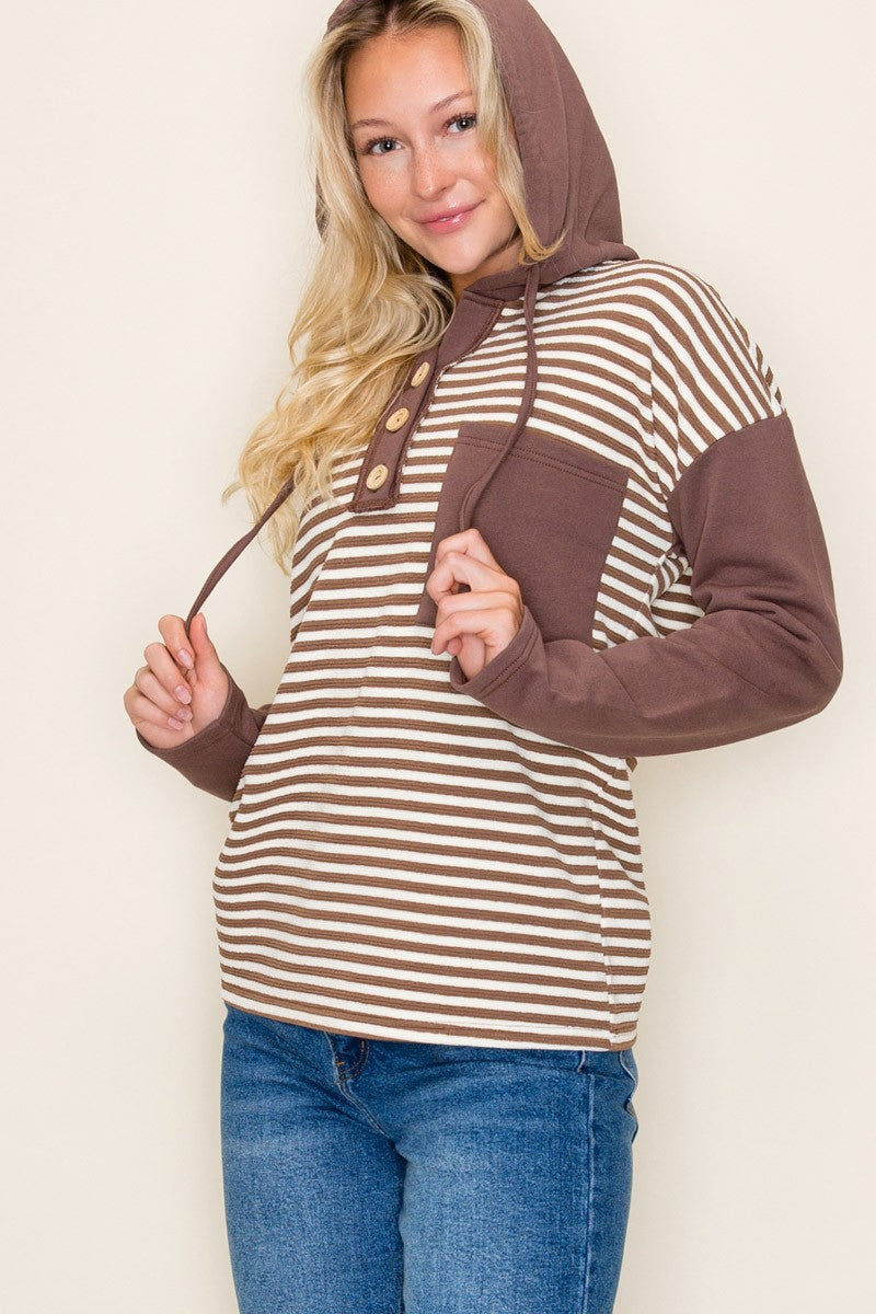 Brown Block Striped Hoodie Top
