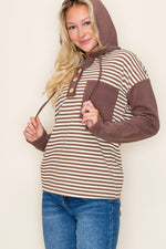 Brown Block Striped Hoodie Top