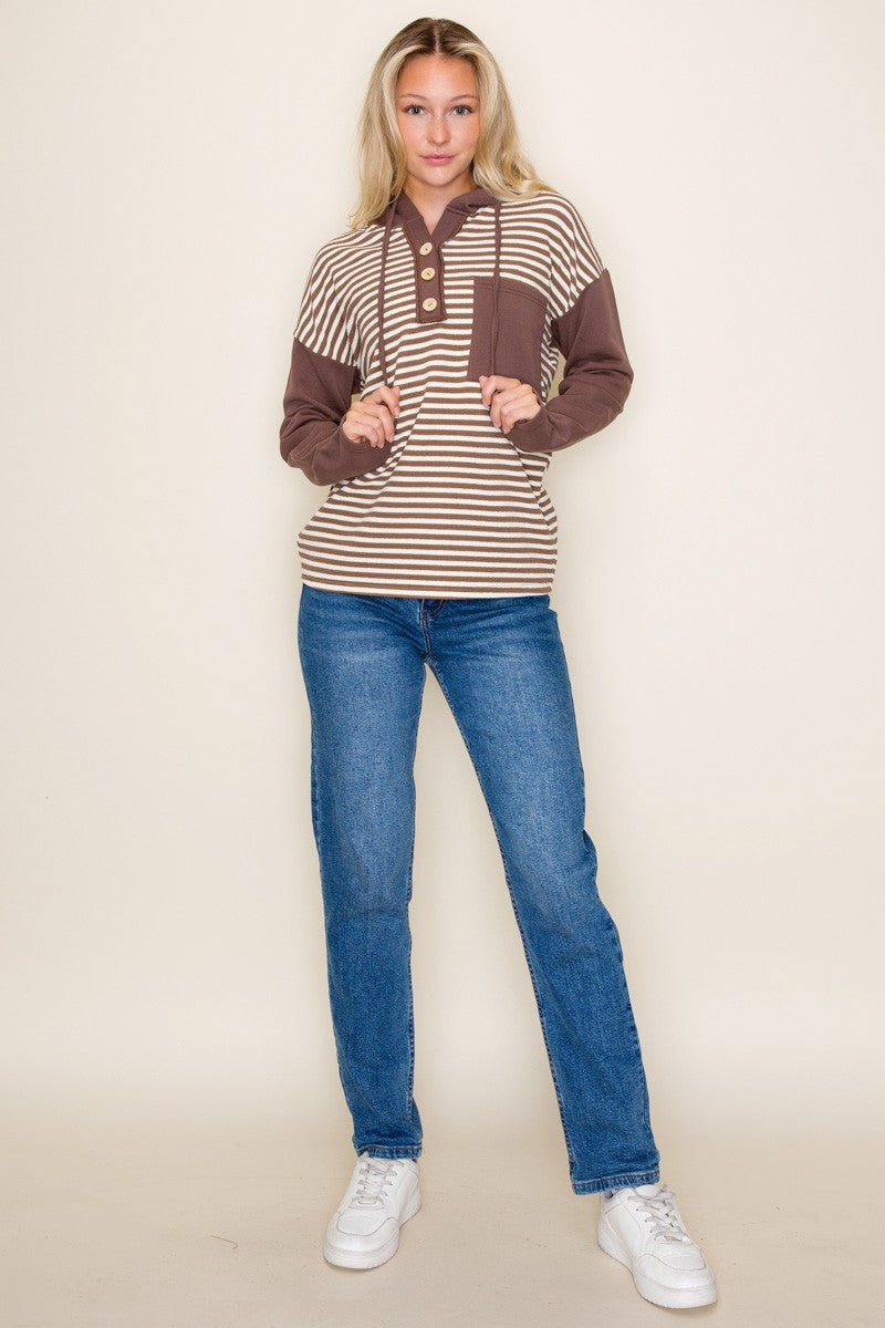 Brown Block Striped Hoodie Top