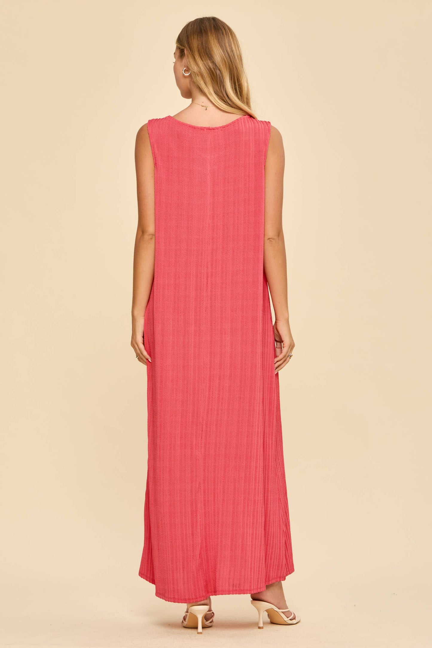 Textured V-Neck Maxi Dress - Coral