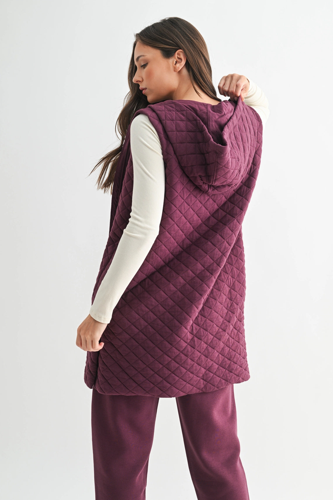 Longline Quilted Cotton Blend Vest - Plum