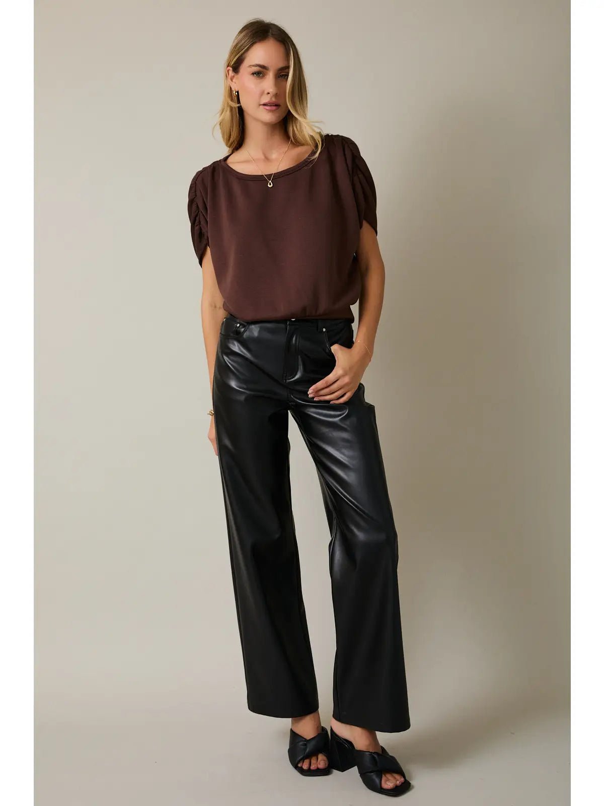 Boatneck Shirring Half Sleeve Crop Top - Brown