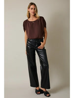 Boatneck Shirring Half Sleeve Crop Top - Brown