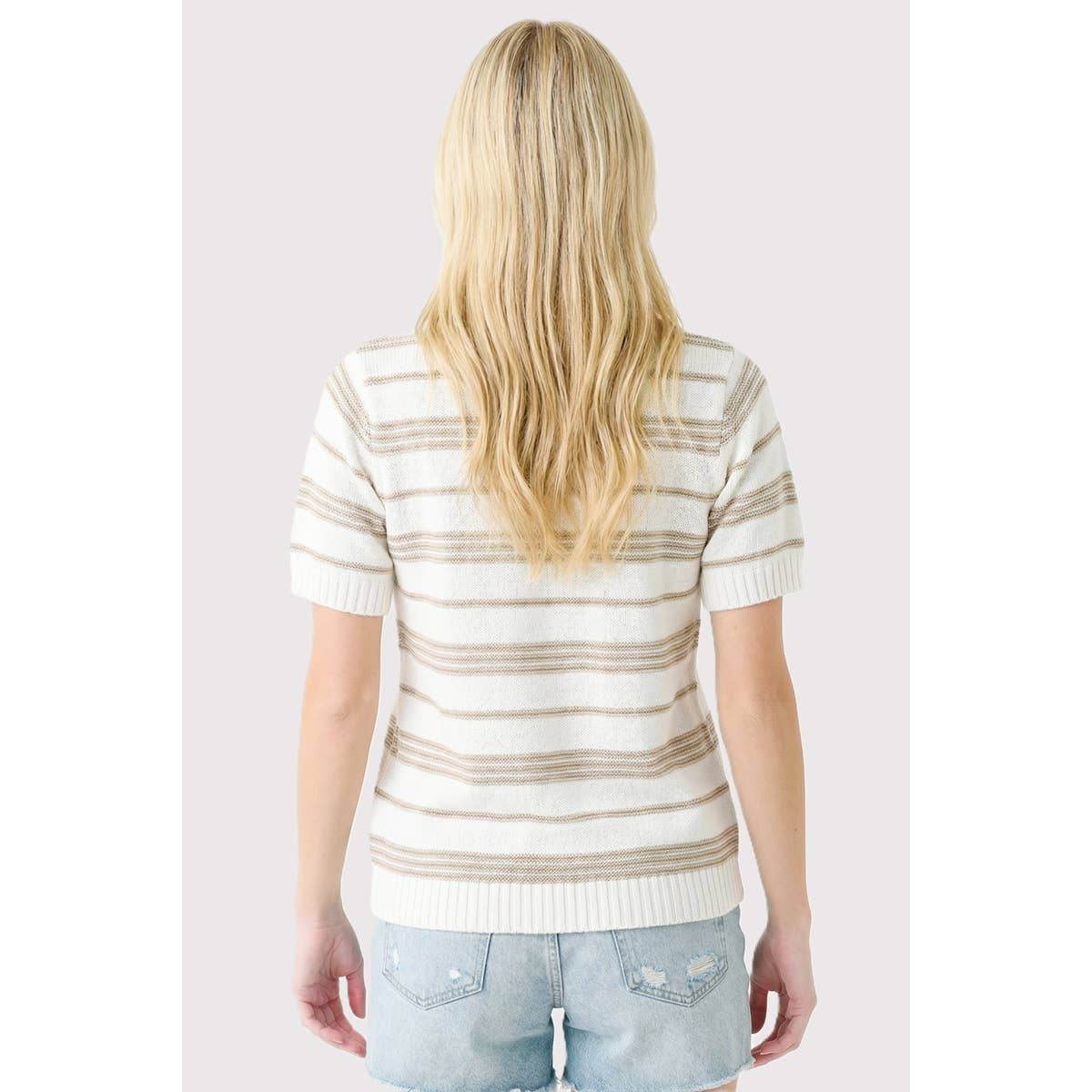 Short Sleeve Striped Sweater - Taupe