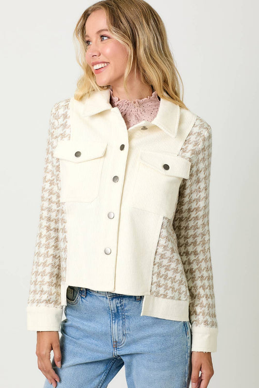 Houndstooth Sleeve Corduroy Jacket: Ivory/Oat