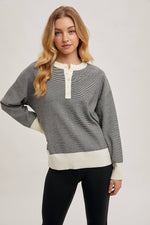 STRIPED CONTRAST HALF BUTTON KNIT TOP