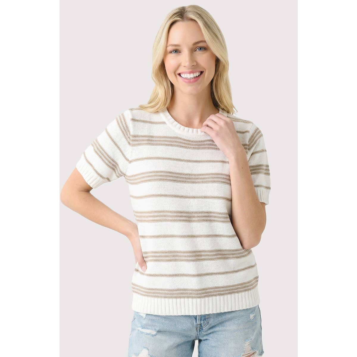 Short Sleeve Striped Sweater - Taupe