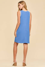 Sleeveless Ribbed Dress w/ Embroidered Stitching - Ocean Blue