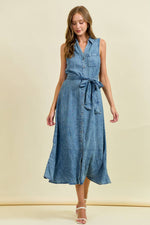 Midi Denim Dres with Tie Belt