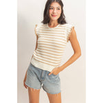 Scalloped Striped Ruffle Sleeve Top - Taupe