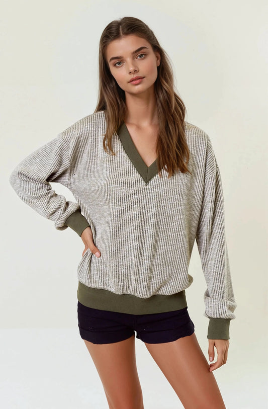 Oversized Vertical Stripe Two-Tone Ribbed Top - Olive