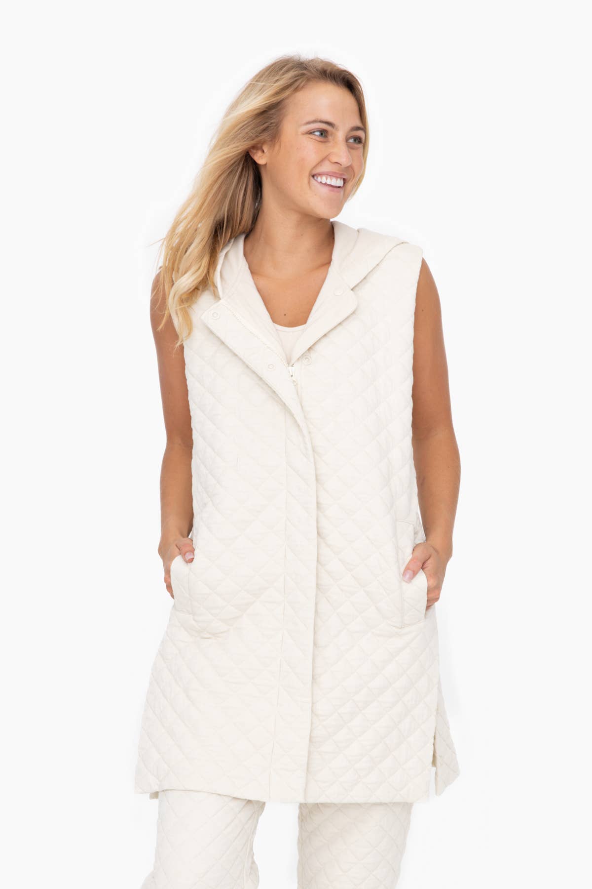 Long Quilted Cotton Blend Vest: IVORY