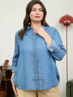 Chambray Collared 3/4 Tab Sleeve Button Down Shirt