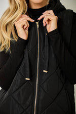 Quilted Puffer Long Hoodie Vest: Black