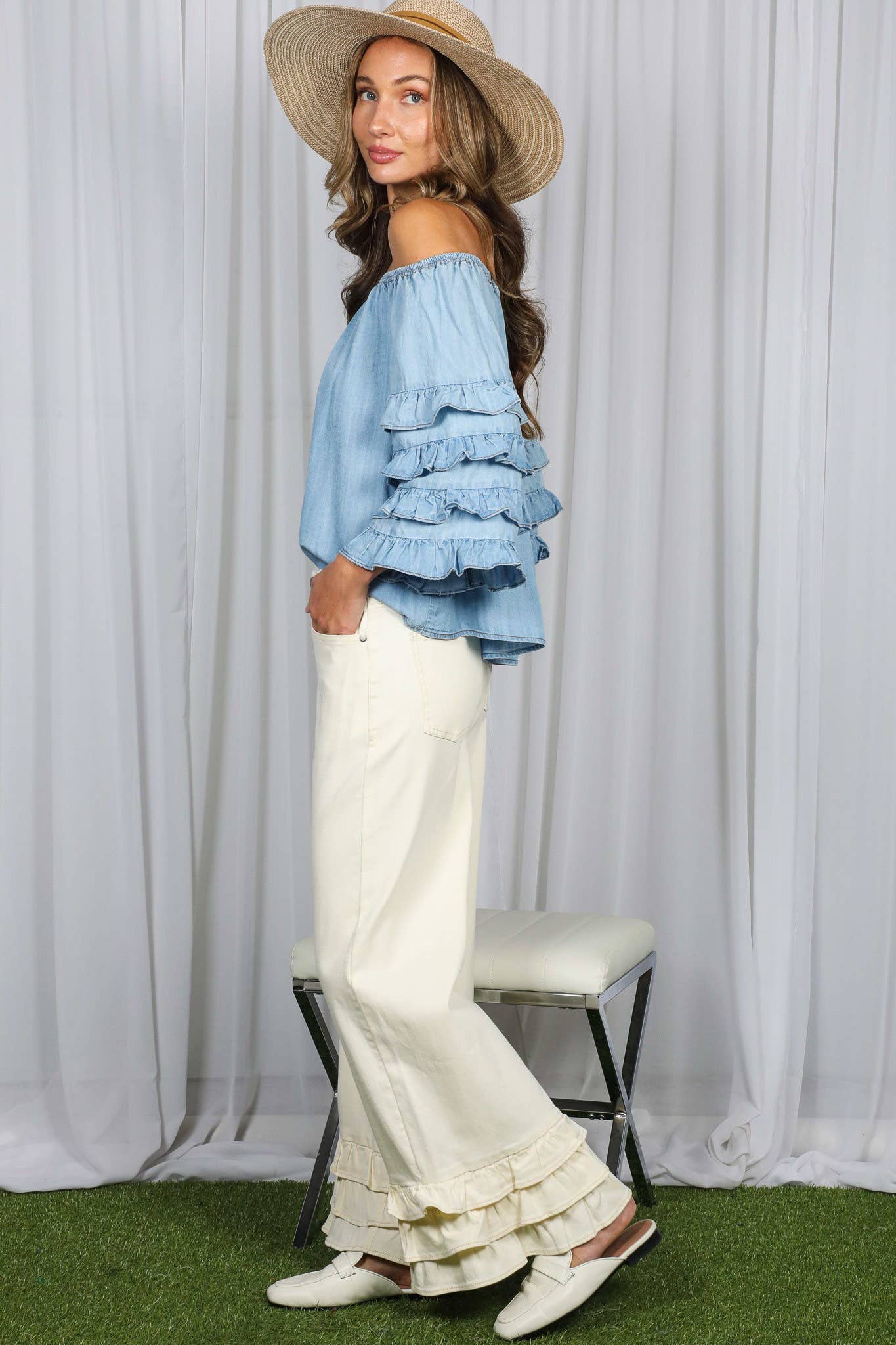 Off The Shoulder 4Tiers Ruffle Sleeve Chambray Top