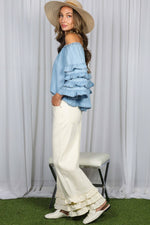 Off The Shoulder 4Tiers Ruffle Sleeve Chambray Top