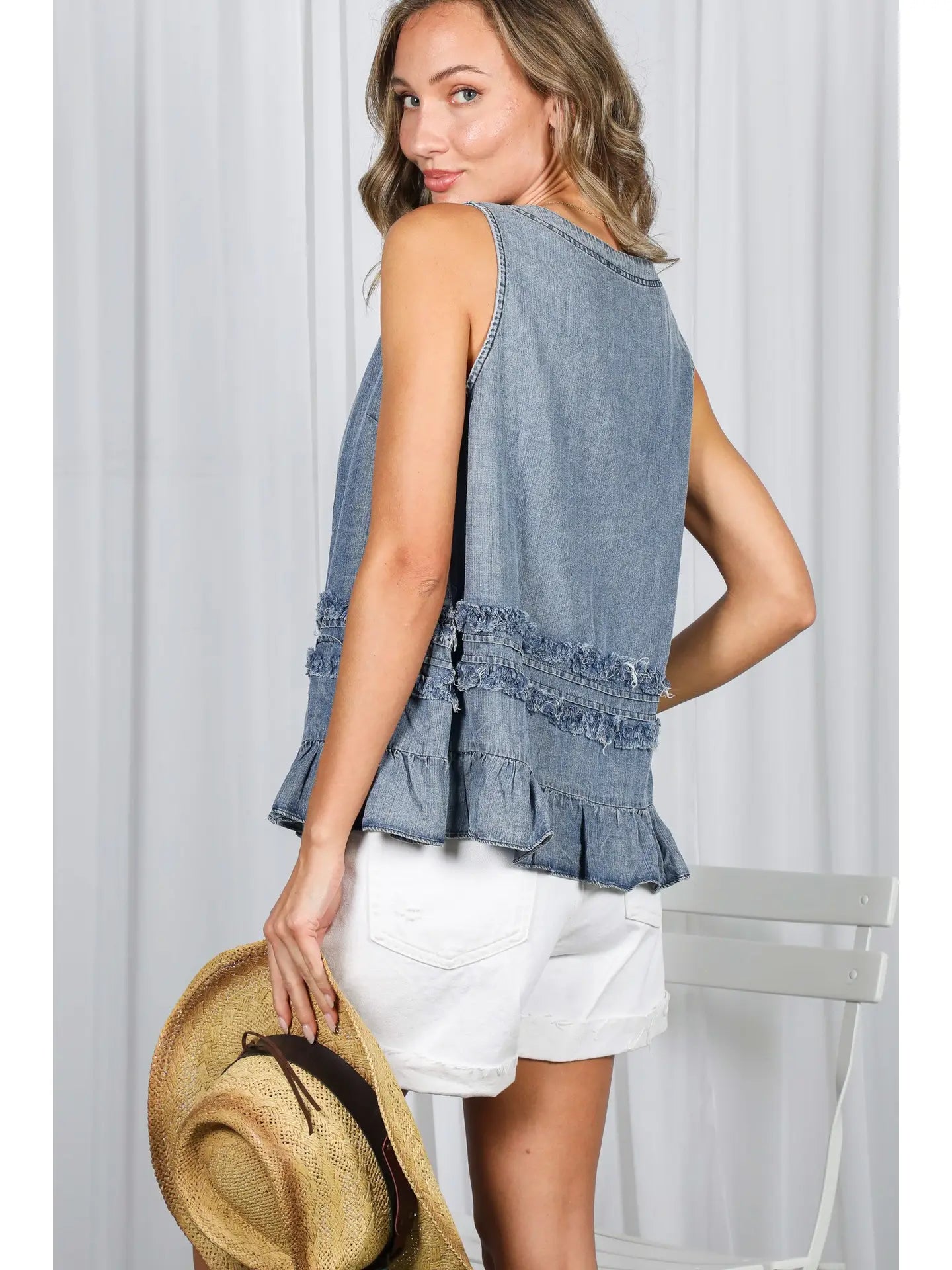 Washed Denim Ruffle Tank Top