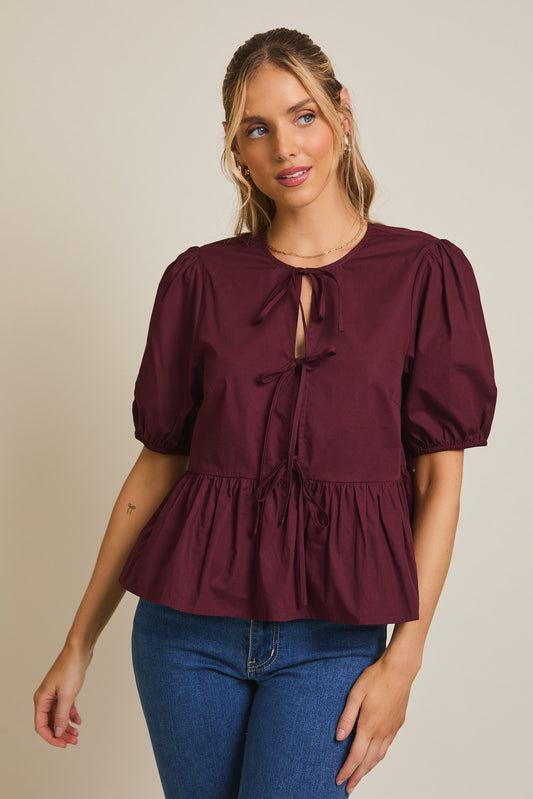 Wine Front Ties Puff Half Sleeve Blouse
