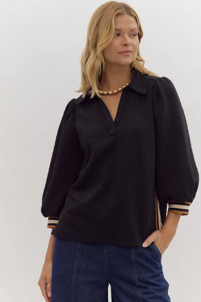 Embossed ¾ Puff Sleeve Henley Top