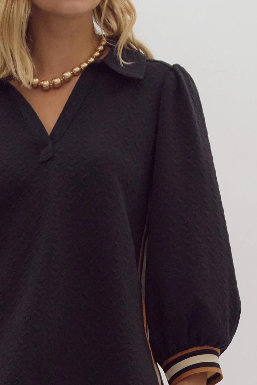 Embossed ¾ Puff Sleeve Henley Top