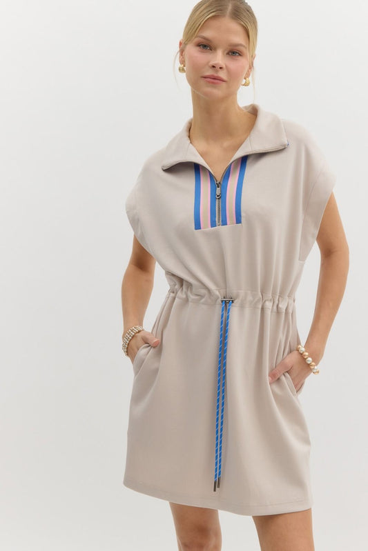 Stripe Accent Half-Zip Collar Dress