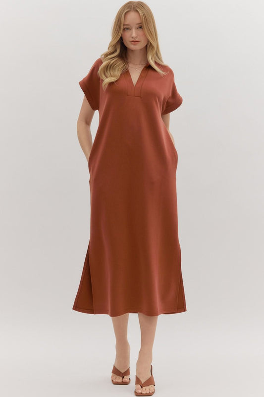 Hannah Collared Short Sleeve Midi Dress - Clay