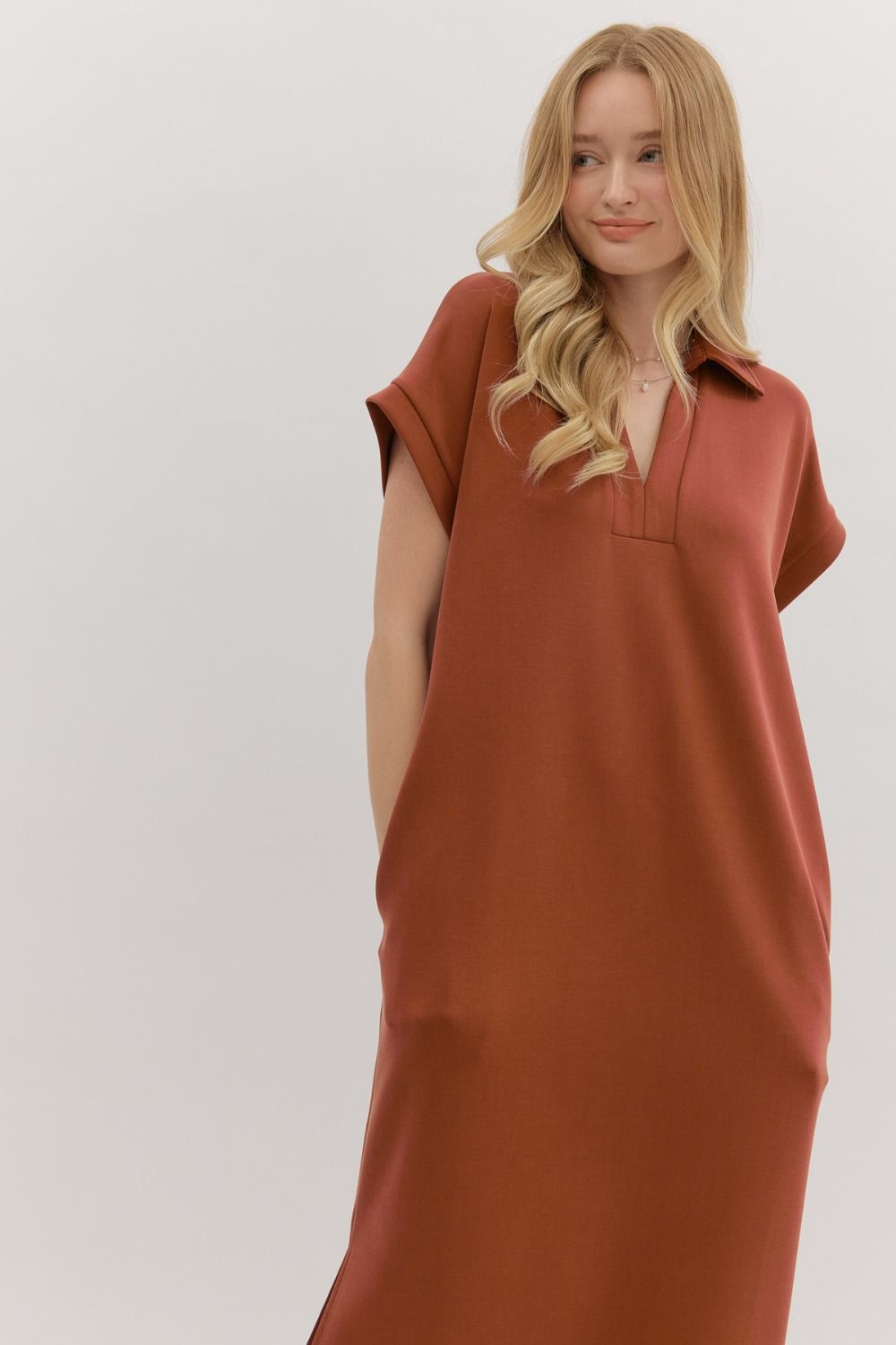 Hannah Collared Short Sleeve Midi Dress - Clay