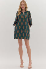 Floral Print Puff Sleeve Mini Dress - Hunter Green