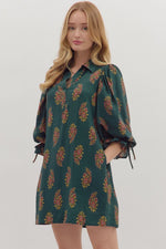 Floral Print Puff Sleeve Mini Dress - Hunter Green