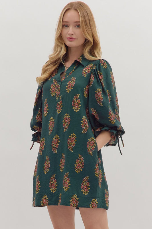 Floral Print Puff Sleeve Mini Dress - Hunter Green