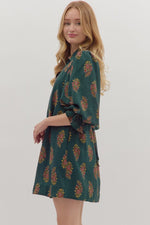 Floral Print Puff Sleeve Mini Dress - Hunter Green
