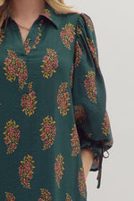 Floral Print Puff Sleeve Mini Dress - Hunter Green