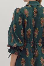 Floral Print Puff Sleeve Mini Dress - Hunter Green