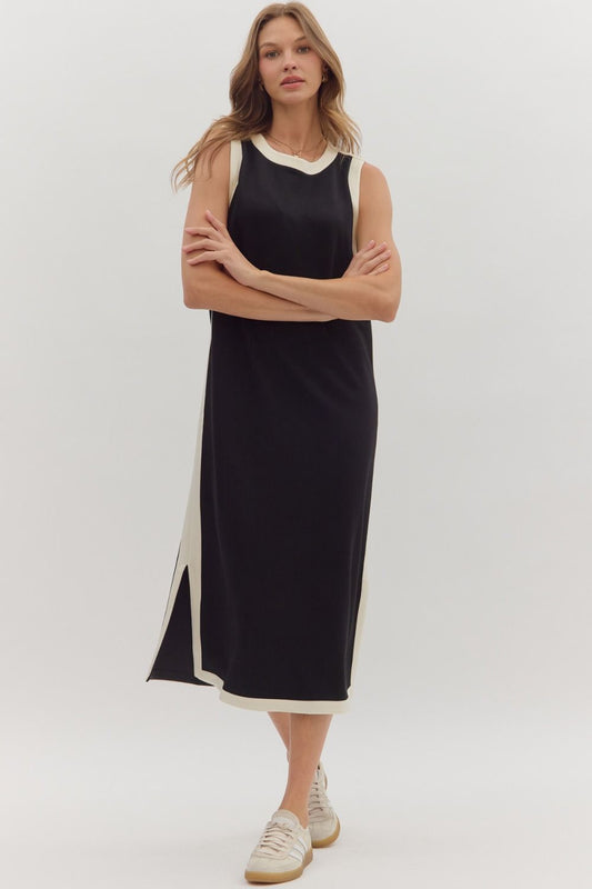 Contrast Binding Sleeveless Midi Dress - Black