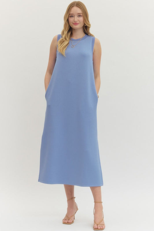 Rib Trim Sleeveless Midi Dress - Chambray
