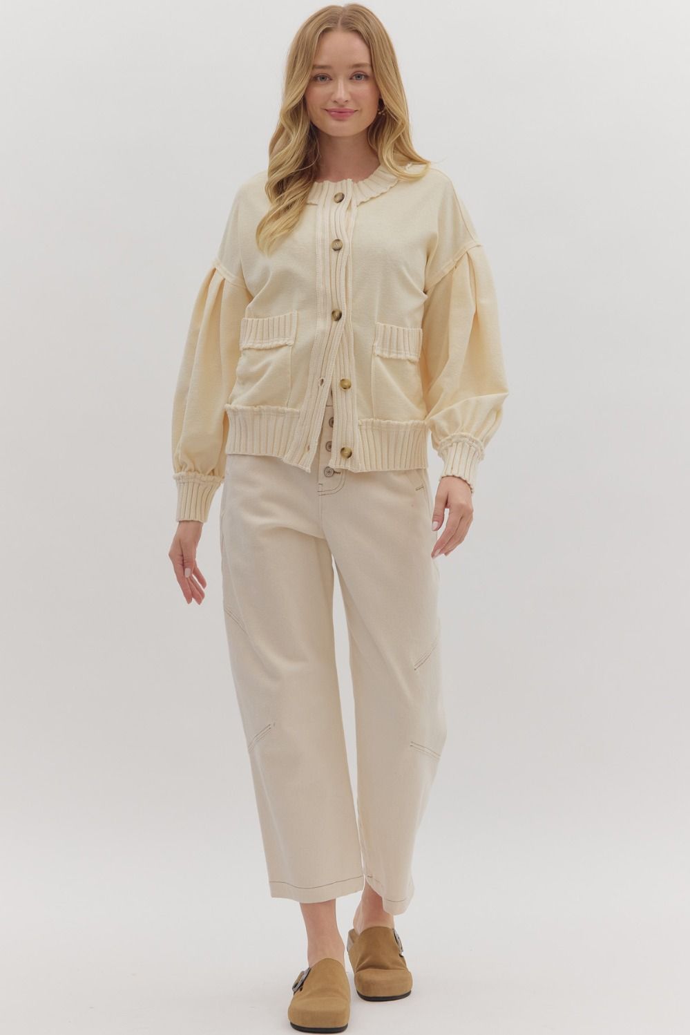 Ecru Ribbed Trim Button Up Cardigan