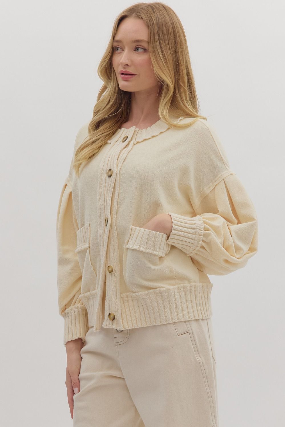 Ecru Ribbed Trim Button Up Cardigan
