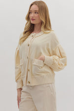 Ecru Ribbed Trim Button Up Cardigan
