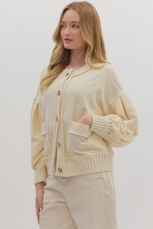 Ecru Ribbed Trim Button Up Cardigan