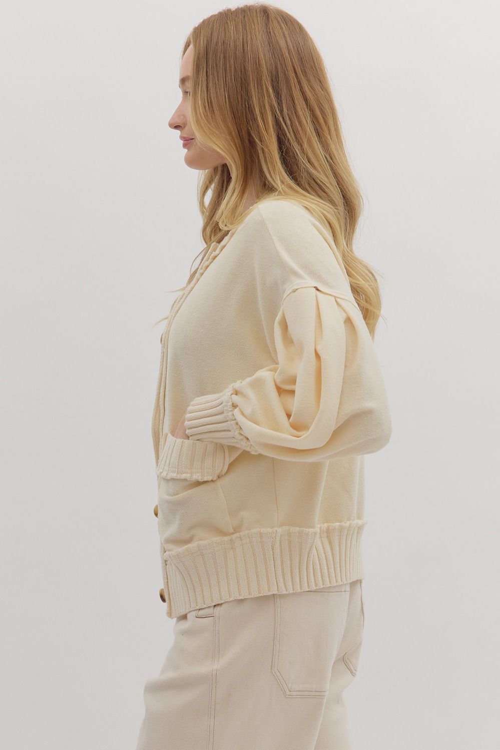 Ecru Ribbed Trim Button Up Cardigan