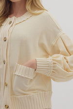Ecru Ribbed Trim Button Up Cardigan